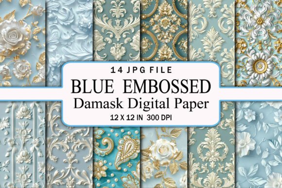 Blue Embossed Damask Digital Paper – Elegant Design for Every Project