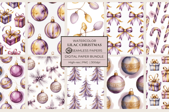 Elevate Your Holiday Projects with Lilac Gold Baubles Watercolor Seamless Papers