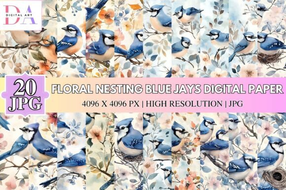 Floral Nesting Blue Jays Digital Paper