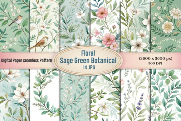 Sage Green Botanical Floral Digital Pape