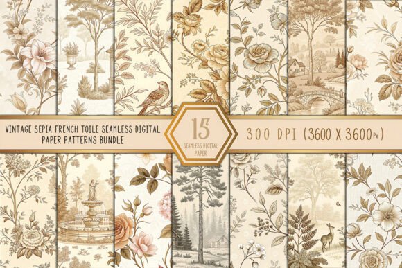Vintage Sepia French Toile Digital Paper: Timeless Elegance for Creative Projects